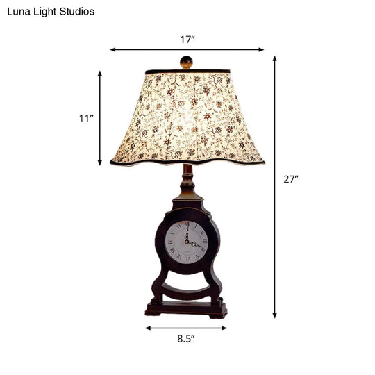 Reagan - Black 1-Bulb Desk Lamp Classic Fabric Flared Flower Patterned Table Light With Clock Design