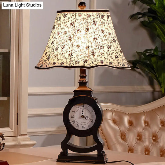 Black Fabric Desk Lamp With Clock Design & Flared Flower Pattern - Classic Table Light