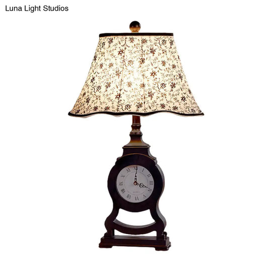 Reagan - Black 1-Bulb Desk Lamp Classic Fabric Flared Flower Patterned Table Light With Clock Design