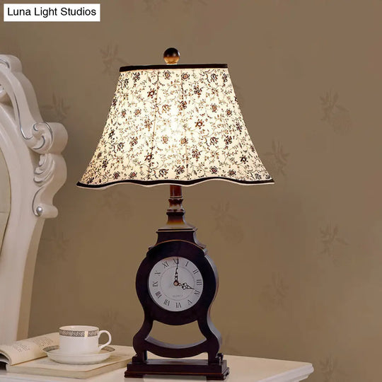 Black Fabric Desk Lamp With Clock Design & Flared Flower Pattern - Classic Table Light