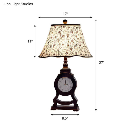 Black Fabric Desk Lamp With Clock Design & Flared Flower Pattern - Classic Table Light