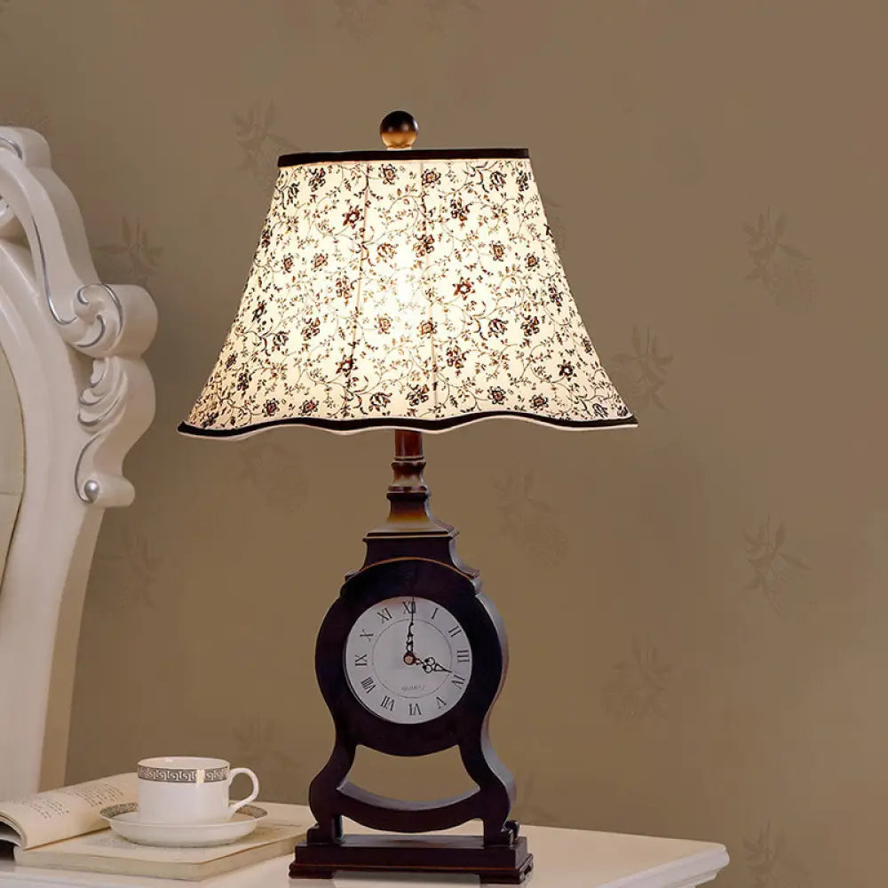 Reagan - Black 1-Bulb Desk Lamp Classic Fabric Flared Flower Patterned Table Light With Clock Design