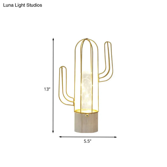 Rechargeable Led Night Light: Capsule Glass Lamp With Gold Finish Cactus Design And Steel Cage Guard