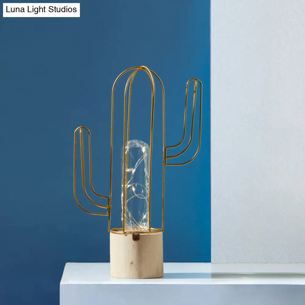 Rechargeable Led Night Light: Capsule Glass Lamp With Gold Finish Cactus Design And Steel Cage Guard