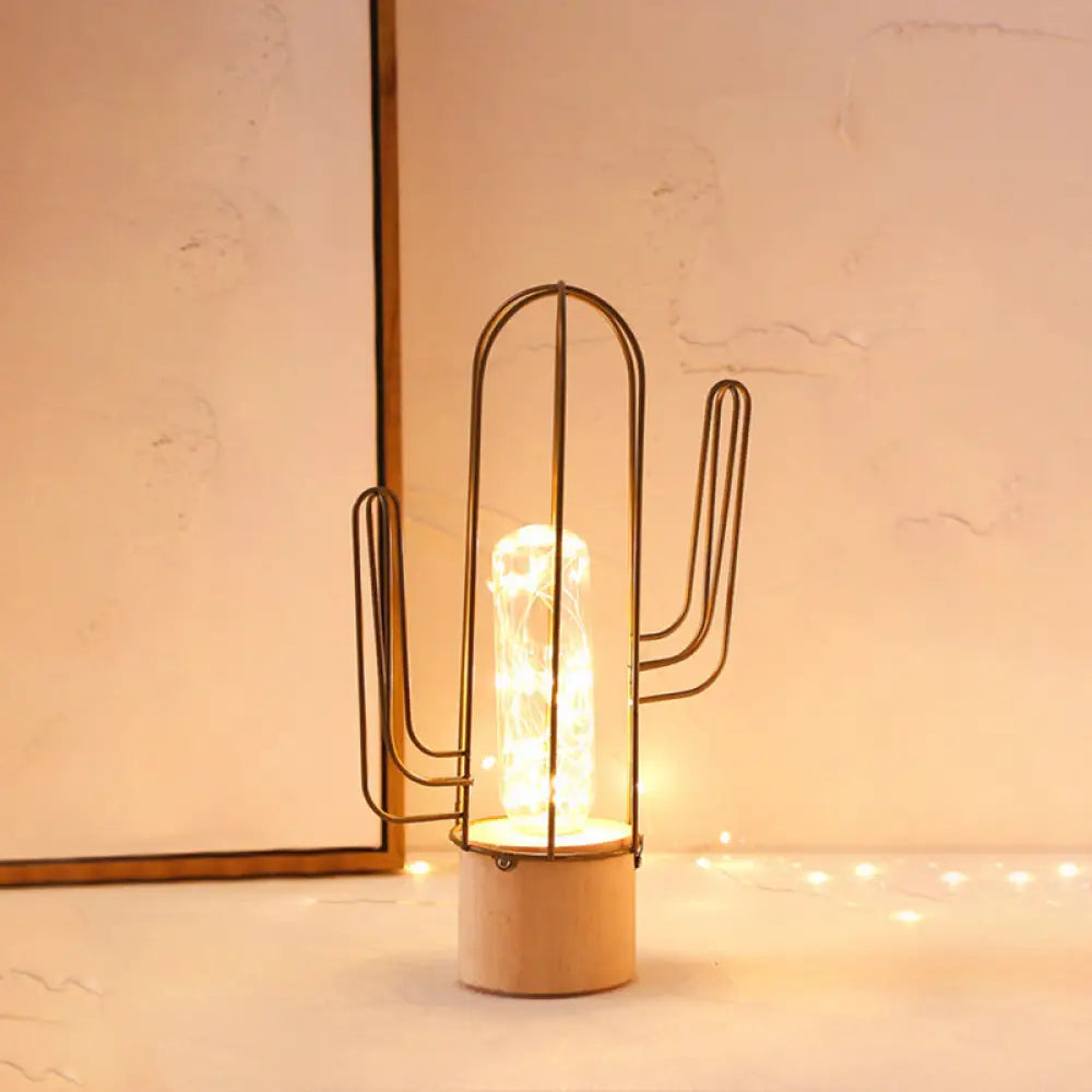 Rechargeable Led Night Light: Capsule Glass Lamp With Gold Finish Cactus Design And Steel Cage Guard