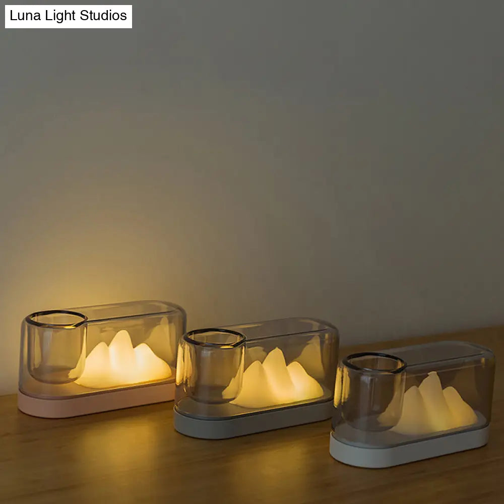 Rechargeable Led Table Lamp: Plastic Mountain Night Light With Artistic Oval Cover And Storage Cup