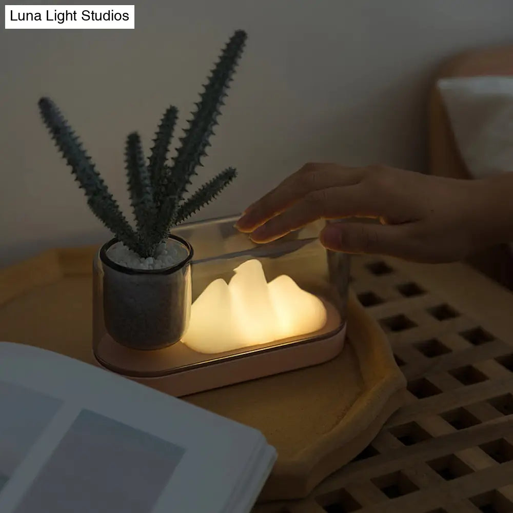 Rechargeable Led Table Lamp: Plastic Mountain Night Light With Artistic Oval Cover And Storage Cup