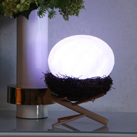 Rechargeable White Egg Nightstand Light - Kids Creative Led Table Lamp With Wood Stand And Nest