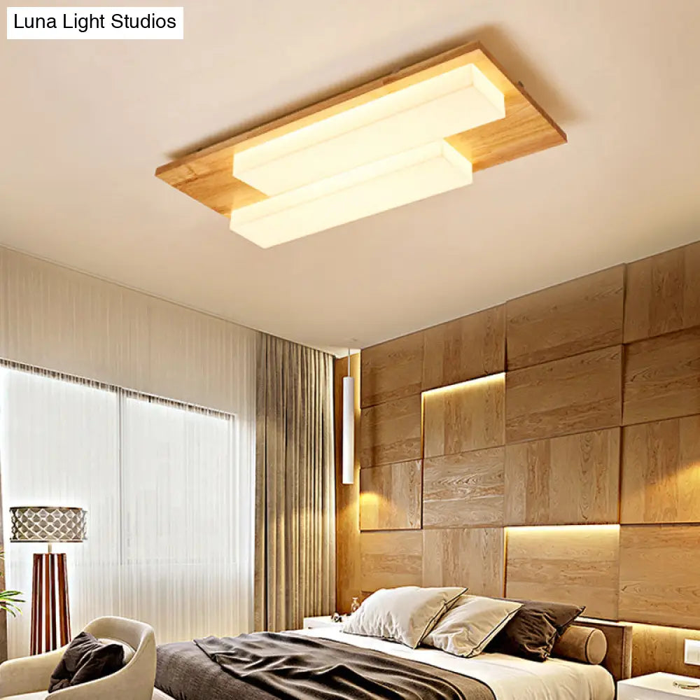 Rectangle Flushmount Japanese Style Led Ceiling Lamp In Natural/White For Bathroom