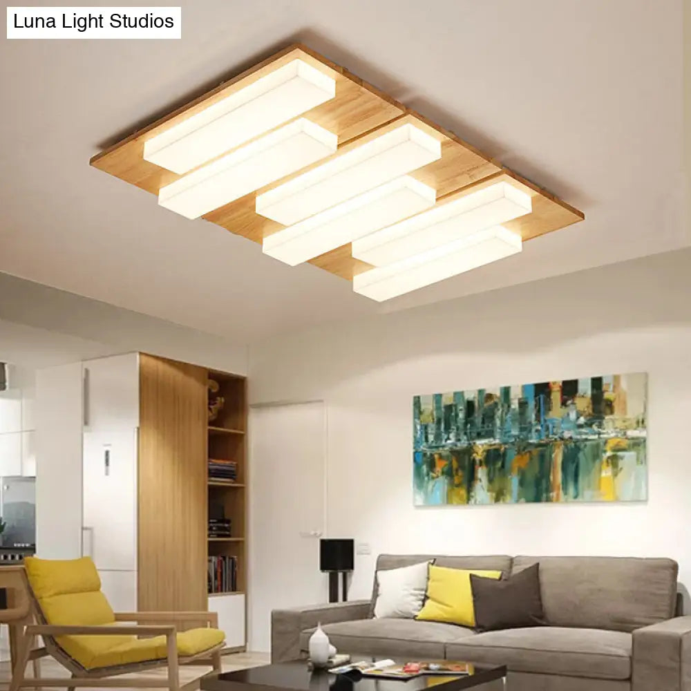 Rectangle Flushmount Japanese Style Led Ceiling Lamp In Natural/White For Bathroom