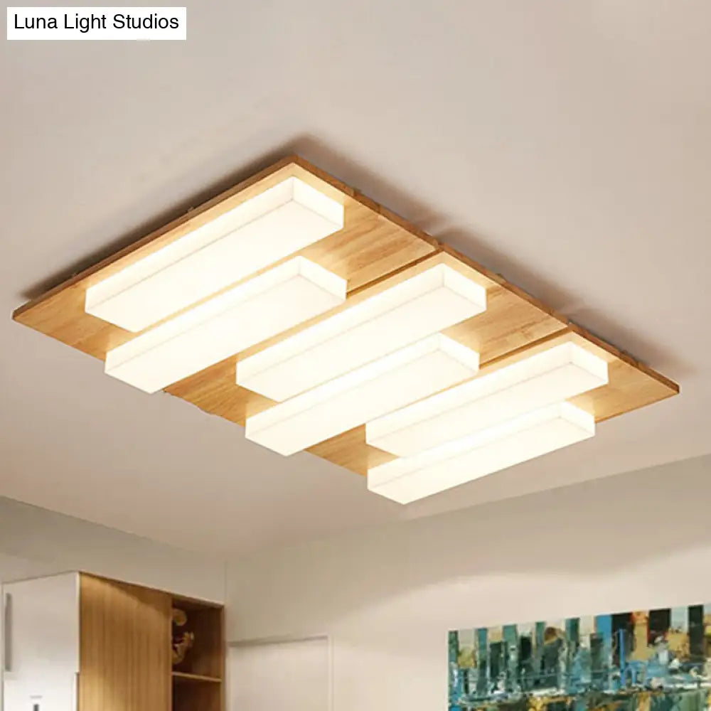 Rectangle Flushmount Japanese Style Led Ceiling Lamp In Natural/White For Bathroom 6 / Wood White