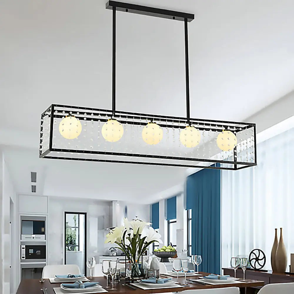 Rectangle Island Pendant Opal Glass Hanging Light Kit In Black 5 Lights Ideal For Dining Room