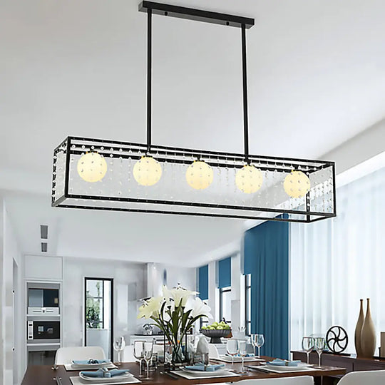 Rectangle Island Pendant Opal Glass Hanging Light Kit In Black 5 Lights Ideal For Dining Room