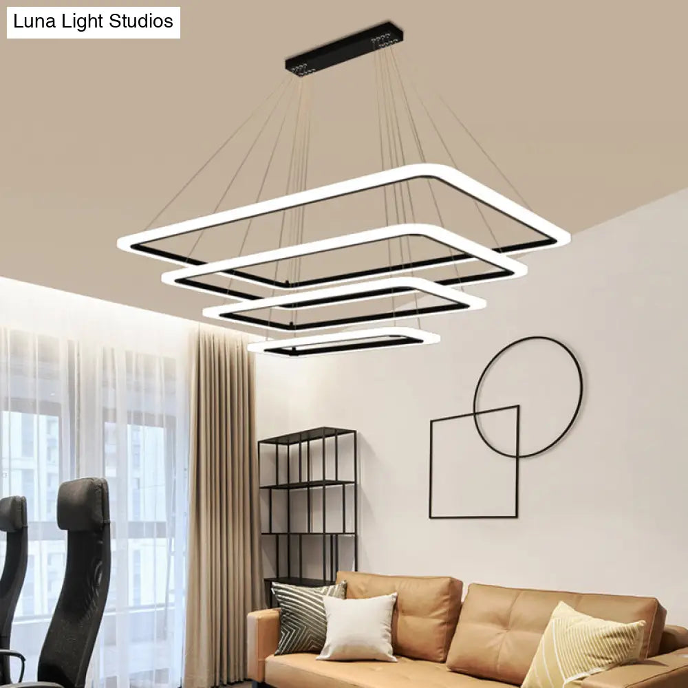 Modern 4-Tier Led Suspension Light- Black Rectangular Acrylic- Nordic Style Chandelier For Living