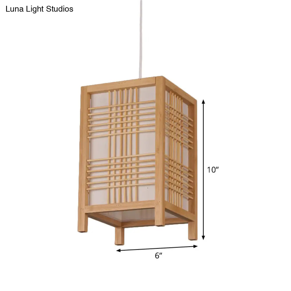 Rectangular Chinese Pendant Ceiling Light In Beige For Tearoom - Wood Finish 1-Bulb Hanging Design