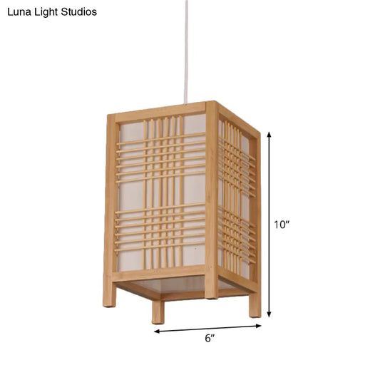 Rectangular Chinese Pendant Ceiling Light In Beige For Tearoom - Wood Finish 1-Bulb Hanging Design