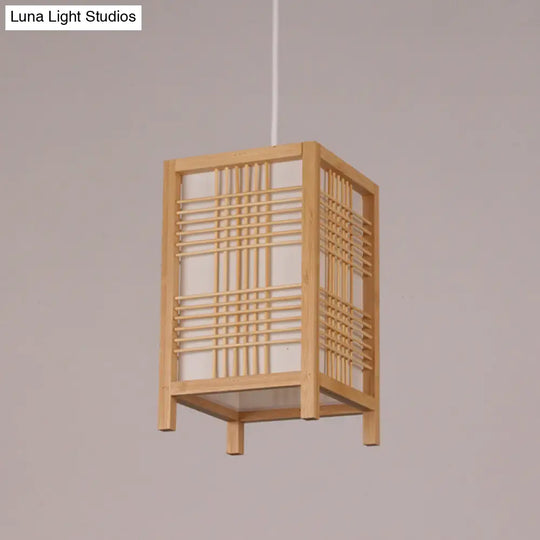 Rectangular Chinese Pendant Ceiling Light In Beige For Tearoom - Wood Finish 1-Bulb Hanging Design