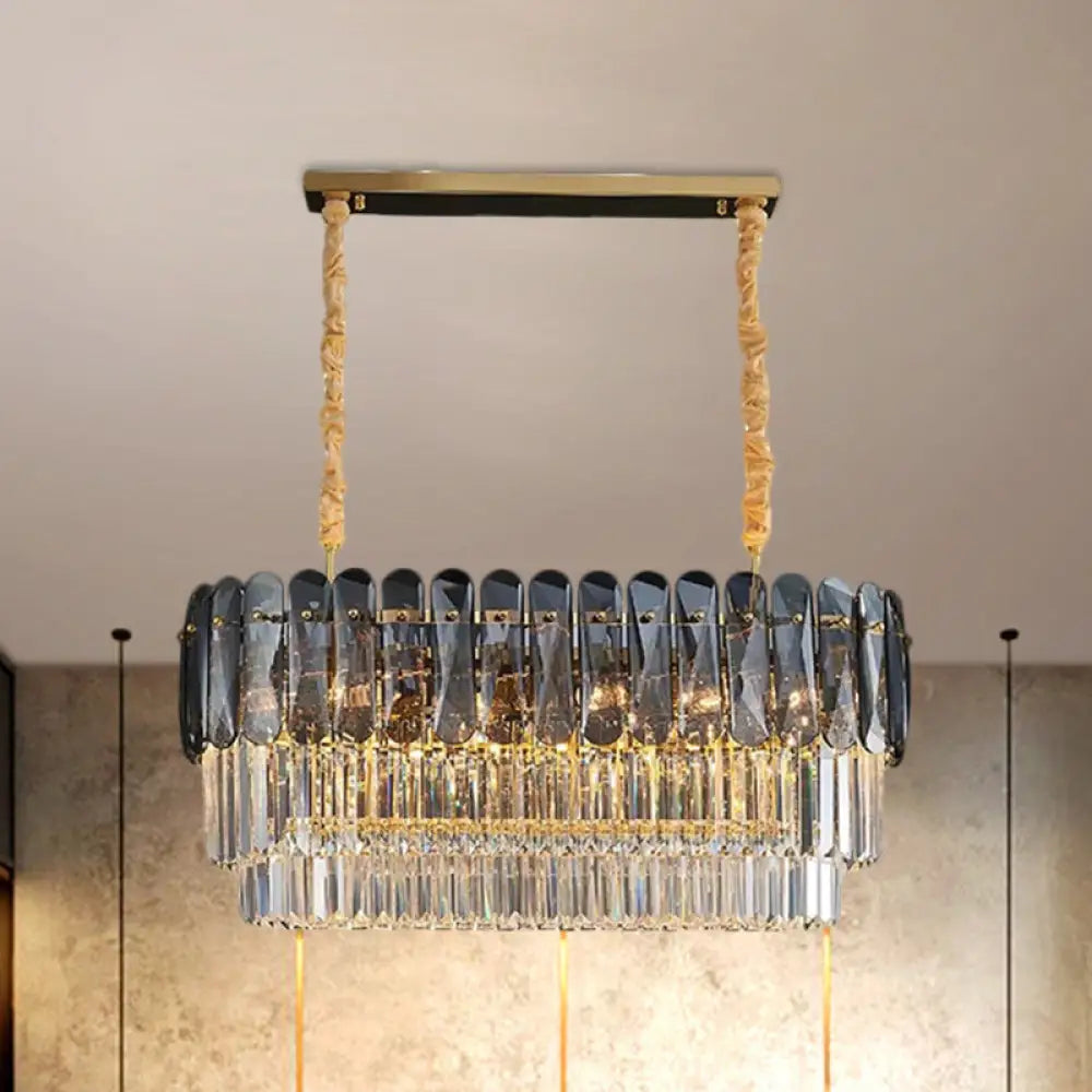 Rectangular Dining Room Pendant - 3-Tier Amber/Smoke Gray Crystal Block Contemporary Island Lamp