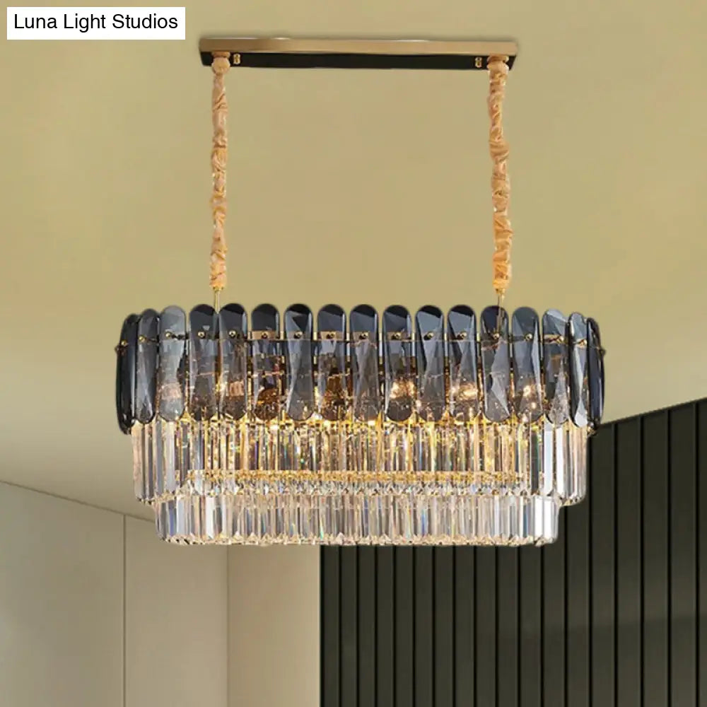 Rectangular Dining Room Pendant - 3-Tier Amber/Smoke Gray Crystal Block Contemporary Island Lamp