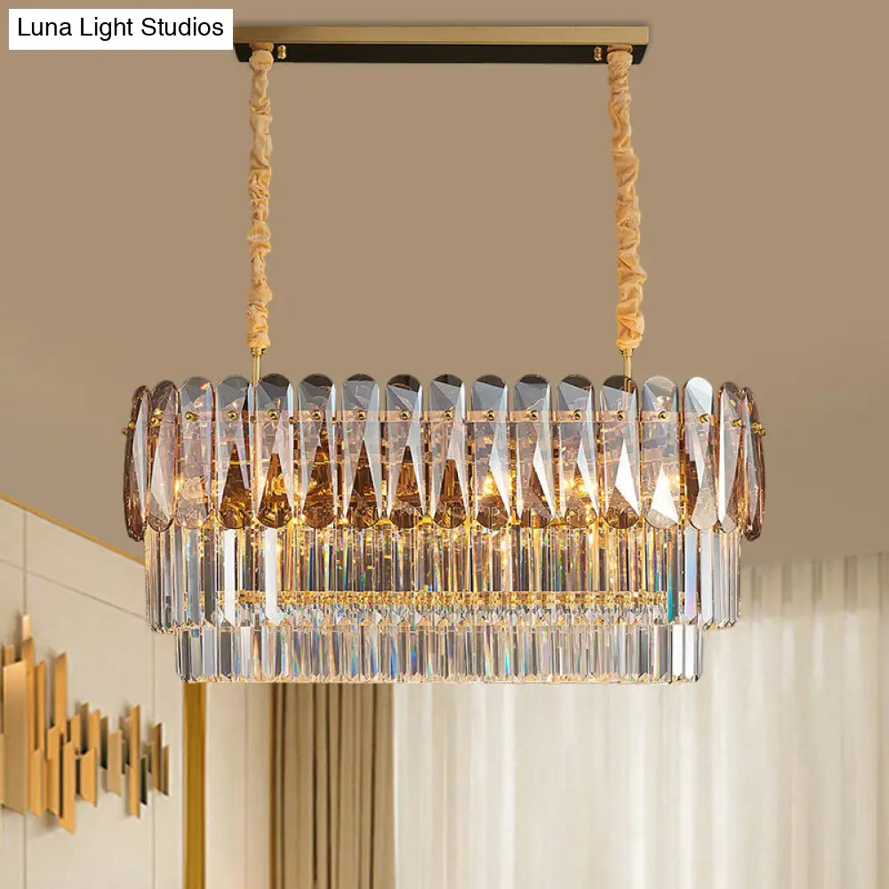 Rectangular Dining Room Pendant - 3-Tier Amber/Smoke Gray Crystal Block Contemporary Island Lamp