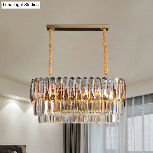 Rectangular Dining Room Pendant - 3-Tier Amber/Smoke Gray Crystal Block Contemporary Island Lamp