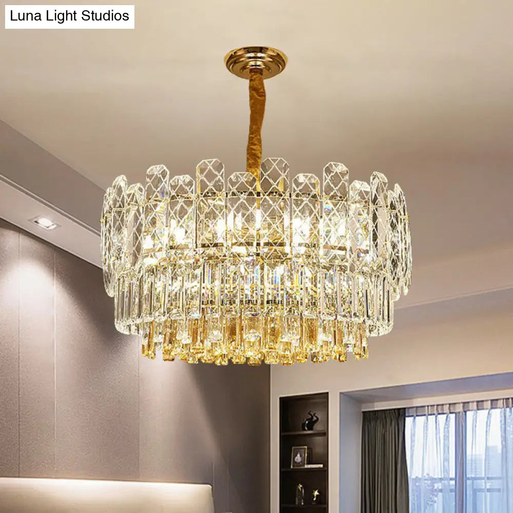 Rectangular-Cut Crystal Drum Chandelier: Elegant 9-Bulb Bedroom Ceiling Lighting