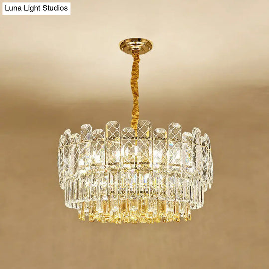 Rectangular-Cut Crystal Drum Chandelier: Elegant 9-Bulb Bedroom Ceiling Lighting