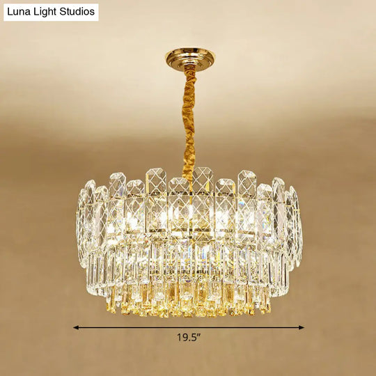 Rectangular Drum Crystal Chandelier With 9 Bulbs For Bedroom Ceiling Lighting In Clear And Simple