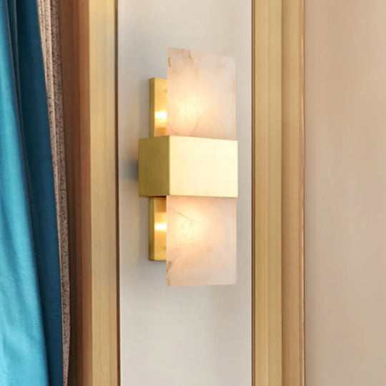 Rectangular Flush Mount Gold Marble Wall Sconce Lighting - Set Of 2 Bulbs Ideal For Living Room