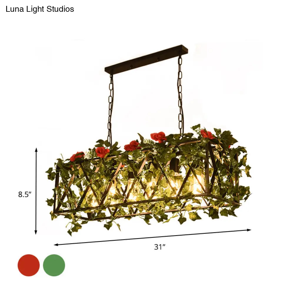 Rectangular Island Led Metal Ceiling Light For Restaurant - 6-Headed Industrial Style With Red/Green