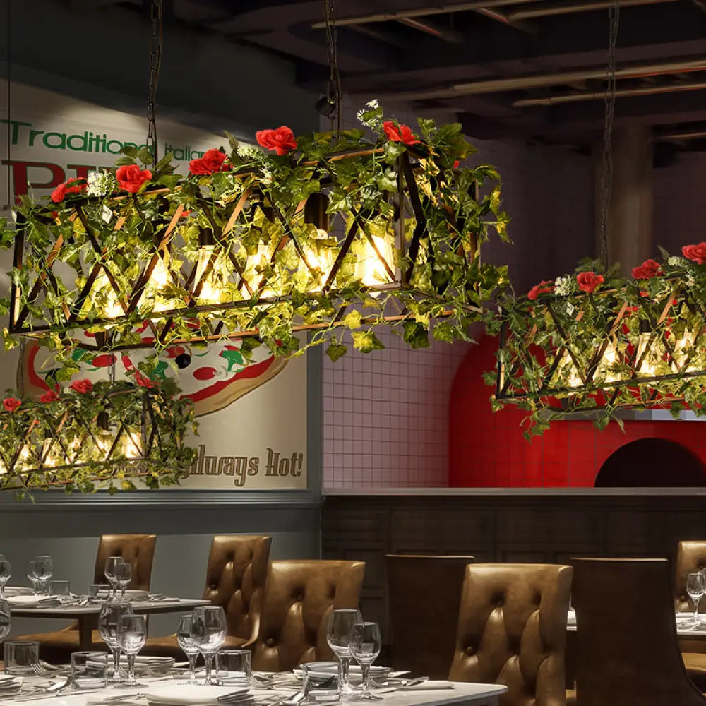 Rectangular Island Led Metal Ceiling Light For Restaurant - 6-Headed Industrial Style With Red/Green