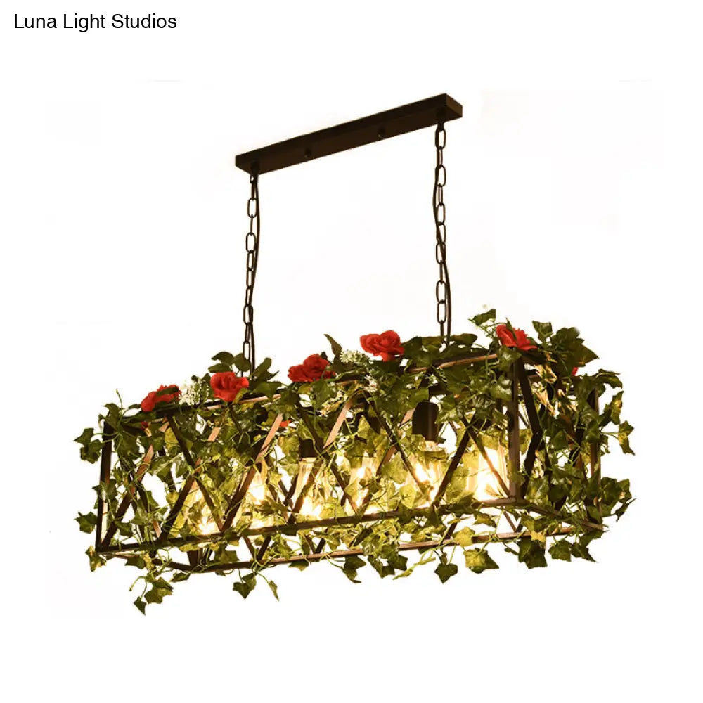 Rectangular Island Led Metal Ceiling Light For Restaurant - 6-Headed Industrial Style With Red/Green