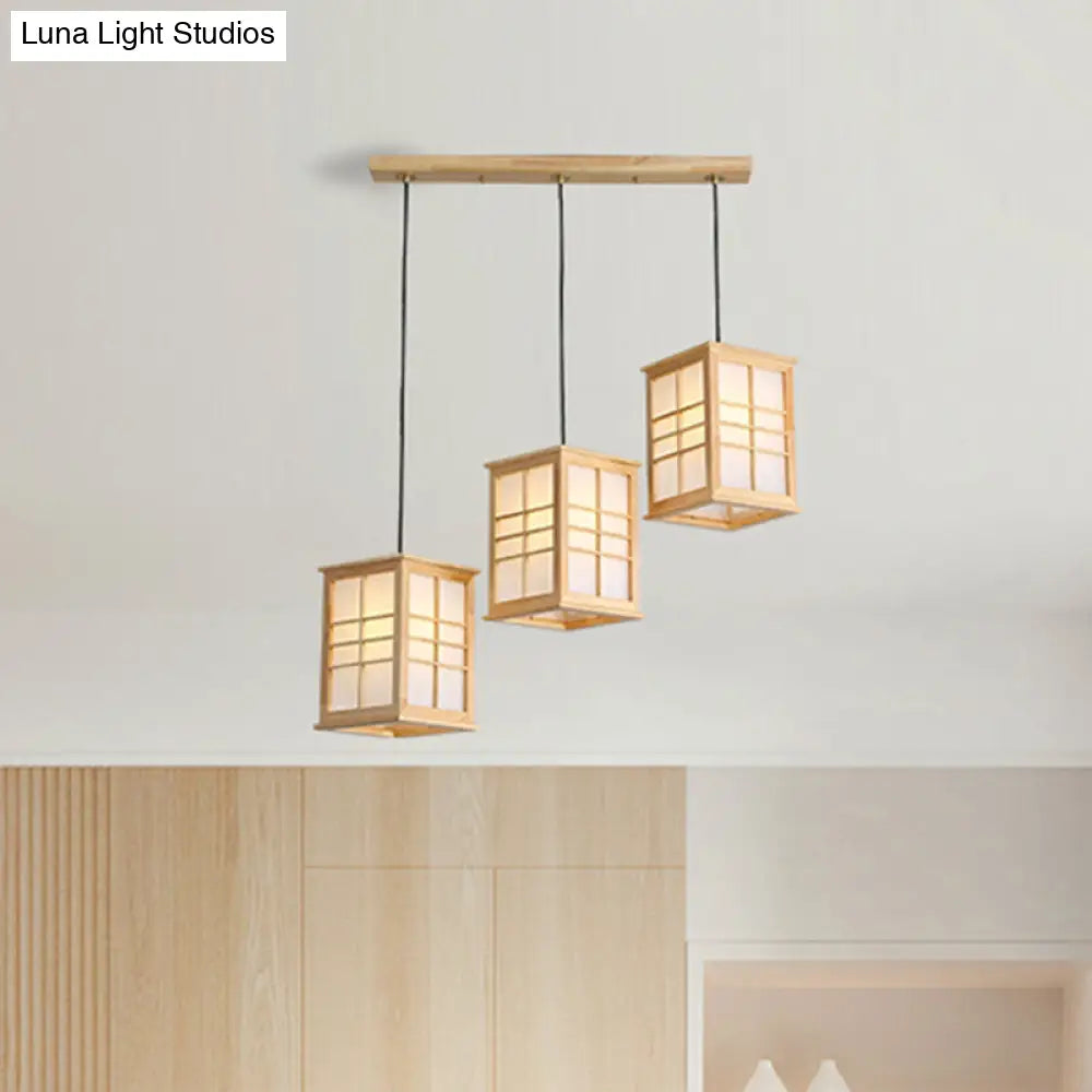 Japanese Beige Wooden Pendant Lamp - 3 Lights Hanging Fixture For Dining Room Wood