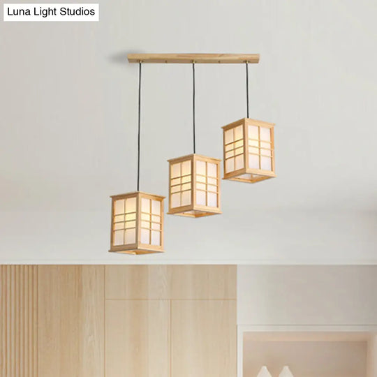 Japanese Beige Wooden Pendant Lamp - 3 Lights Hanging Fixture For Dining Room Wood