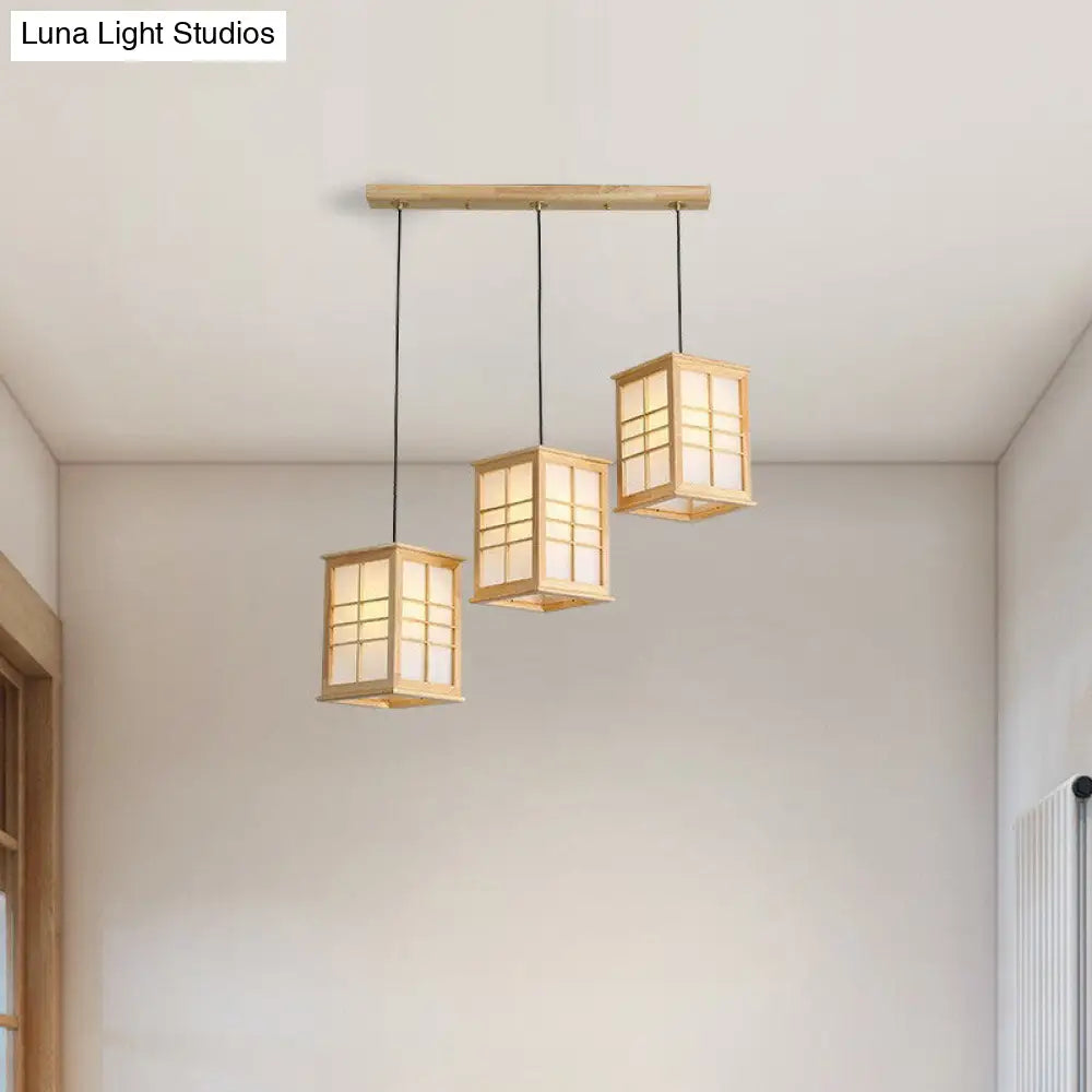 Japanese Beige Wooden Pendant Lamp - 3 Lights Hanging Fixture For Dining Room