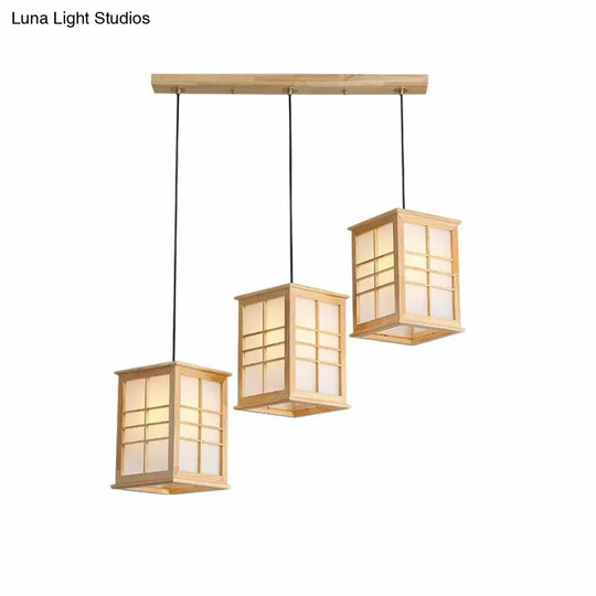 Japanese Beige Wooden Pendant Lamp - 3 Lights Hanging Fixture For Dining Room