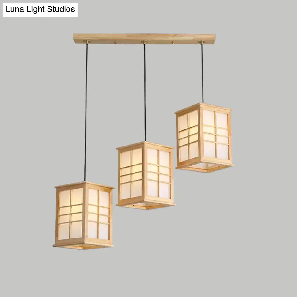 Rectangular Japanese Hanging Lamp With Wooden Shade - Perfect For Dining Room Beige Pendant 3 Lights