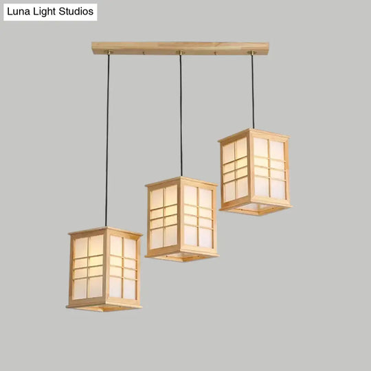 Rectangular Japanese Hanging Lamp With Wooden Shade - Perfect For Dining Room Beige Pendant 3 Lights