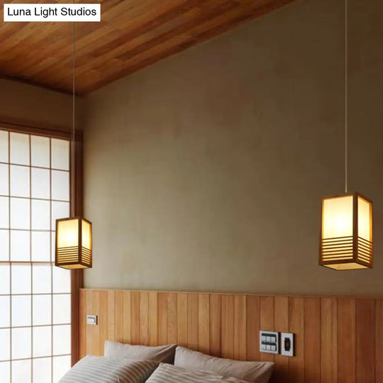 Rectangular Japanese Wood Ceiling Pendant Light In Beige