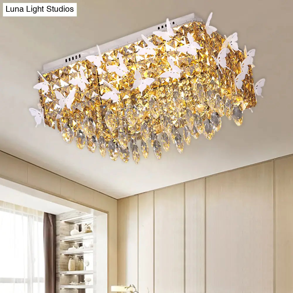 Rectangular Led Stainless-Steel Flush Mount Butterfly Ceiling Light Fixture With Clear/Amber/Lake