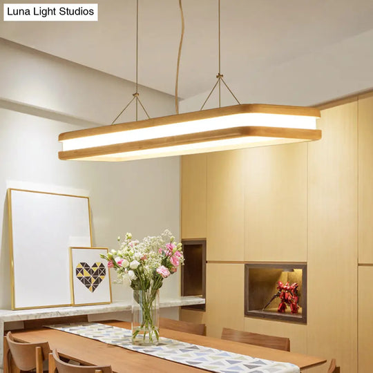 Rectangular Wood Island Pendant Light - Nordic Led Dining Room Fixture In Beige