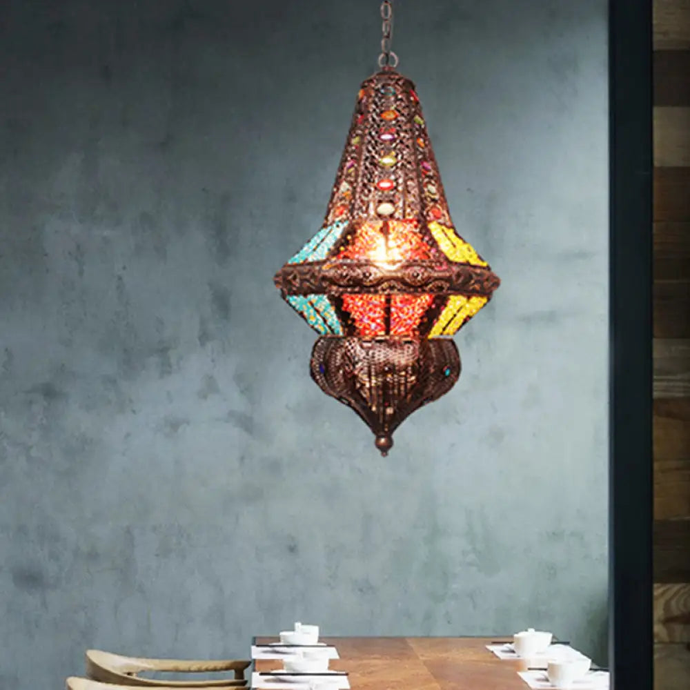 Red/Bronze Pendant Lantern Light - Traditional Metal Hanging Fixture For Restaurants Red