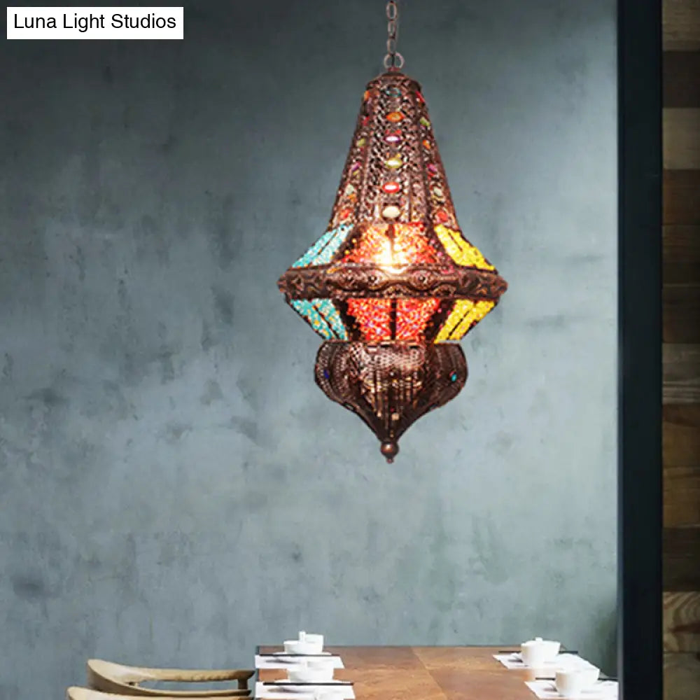 Red/Bronze Pendant Lantern Light - Traditional Metal Hanging Fixture For Restaurants