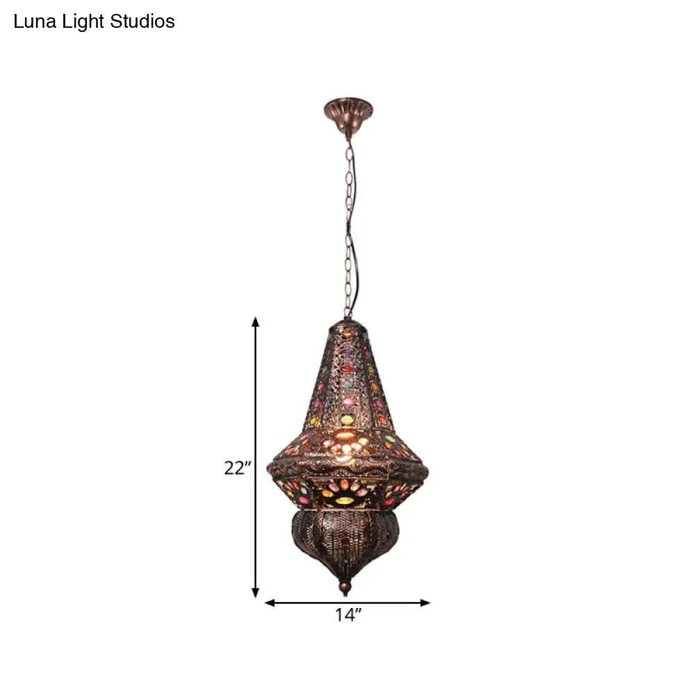 Red/Bronze Pendant Lantern Light - Traditional Metal Hanging Fixture For Restaurants