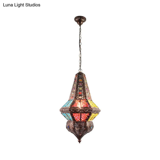 Red/Bronze Pendant Lantern Light - Traditional Metal Hanging Fixture For Restaurants