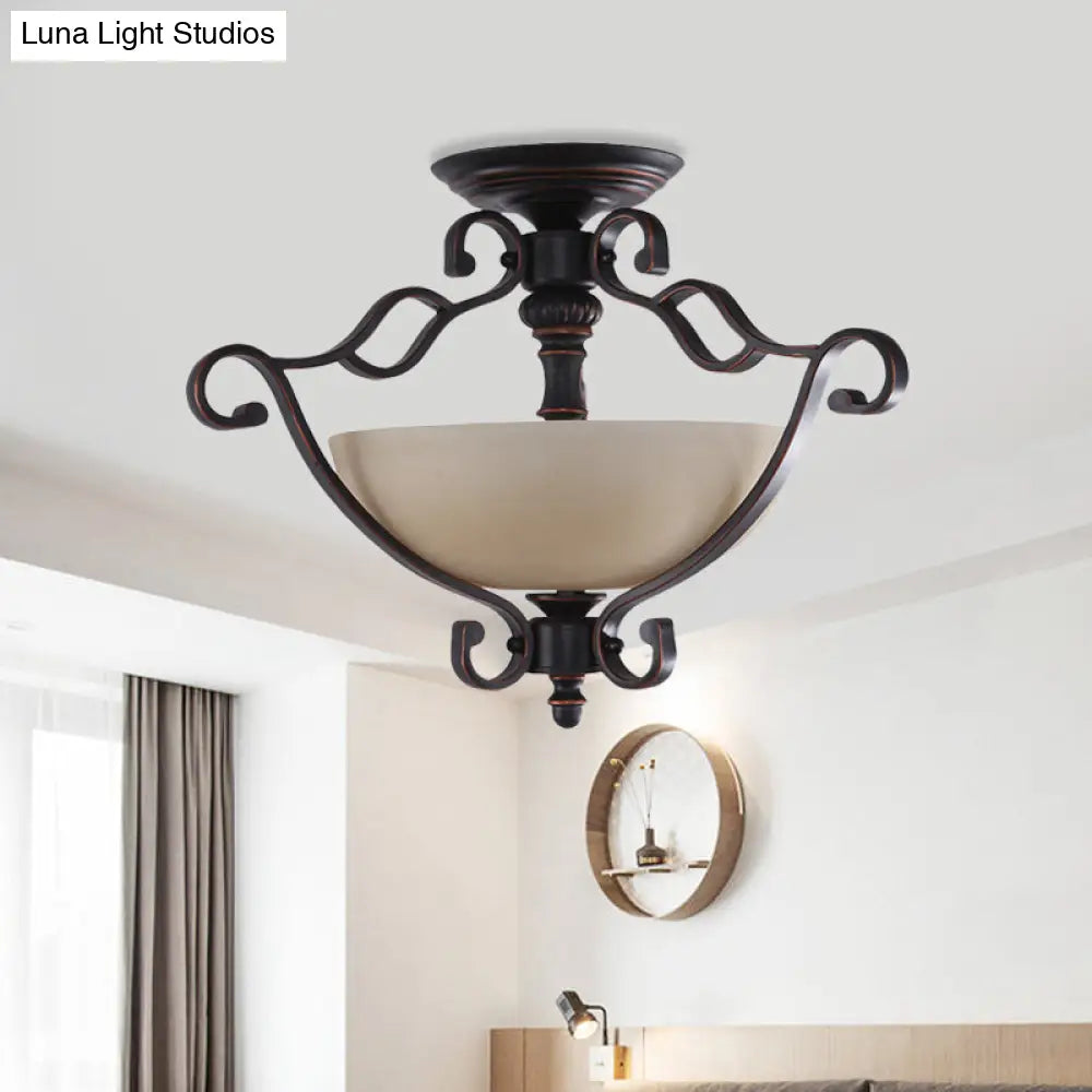Red Brown Scroll Ceiling Lamp - Rustic Metal 3-Head Semi Mount Lighting With Frosted Glass Shade