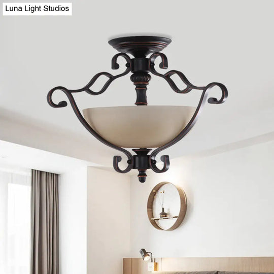 Rustic Red Brown Scroll Ceiling Lamp With Bowl Frosted Glass Shade - 3 Heads Semi Mount Lighting For