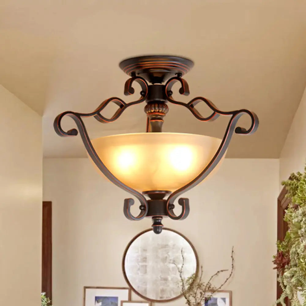 Red Brown Scroll Ceiling Lamp - Rustic Metal 3-Head Semi Mount Lighting With Frosted Glass Shade