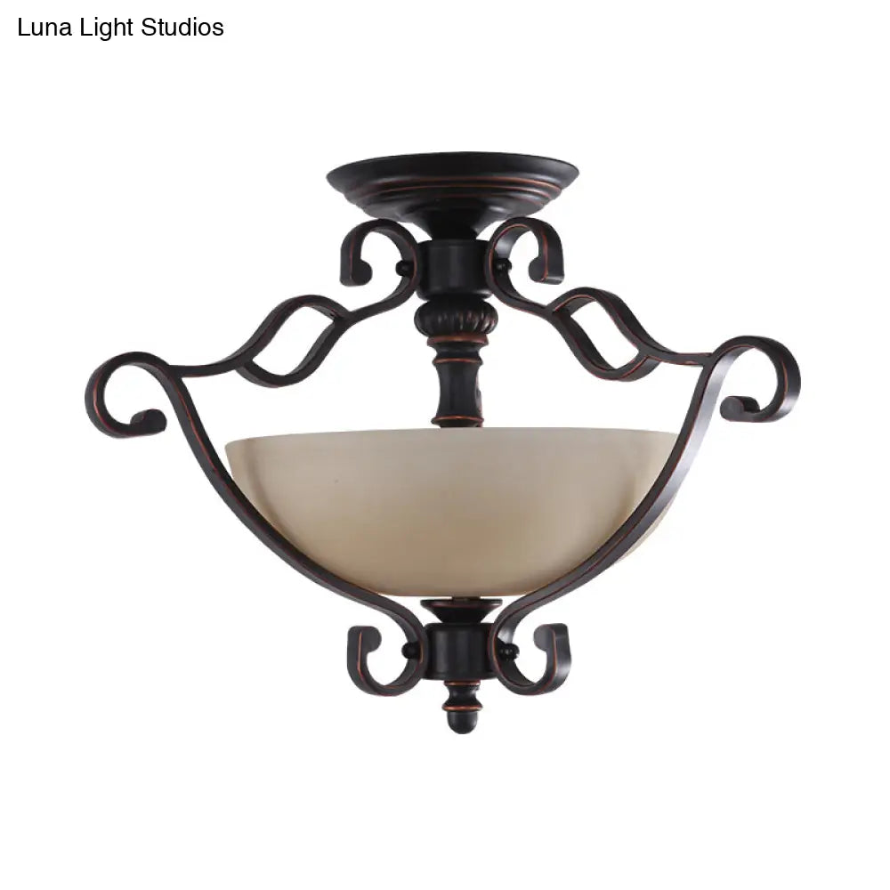 Red Brown Scroll Ceiling Lamp - Rustic Metal 3-Head Semi Mount Lighting With Frosted Glass Shade
