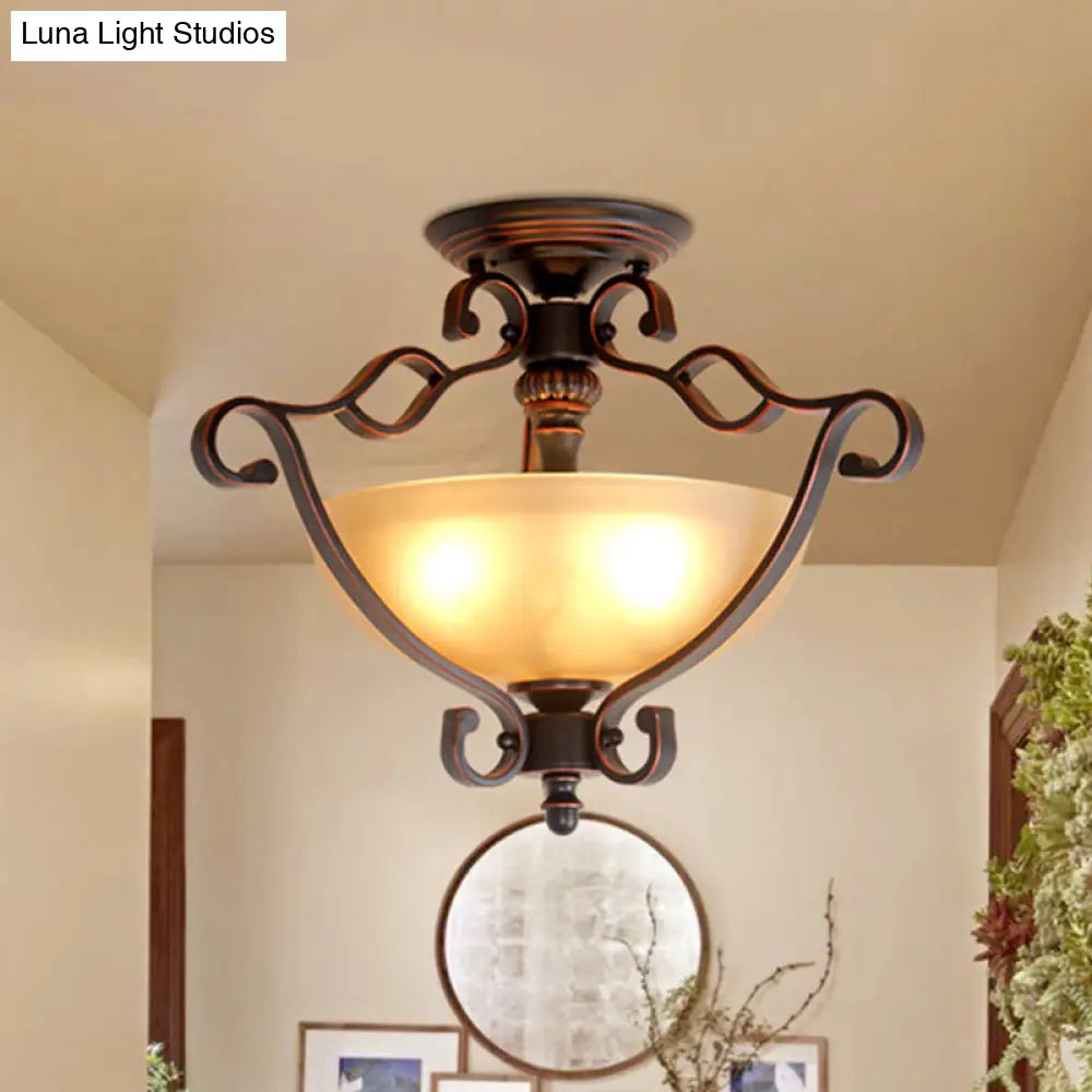 Rustic Red Brown Scroll Ceiling Lamp With Bowl Frosted Glass Shade - 3 Heads Semi Mount Lighting For